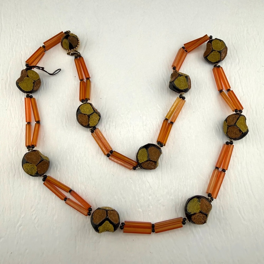 Vintage Japan Beaded Necklace Orange Acrylic Textured Push Lock 28in